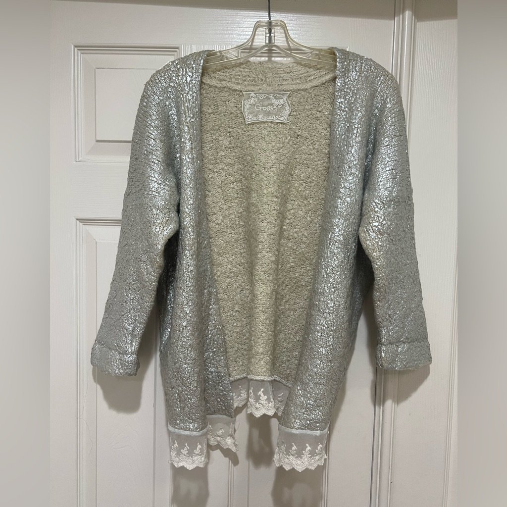 Thick Fuzzy Knit Silver Metallic Cardigan House Coat Lab Pea Coat Jacket Is S/M